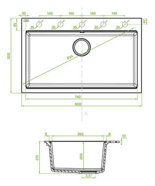 KOLMAN Küchenspüle Einzelbecken Tau Granitspüle, Rechteckig, 50/80 cm, Schwarz, Space Saving Siphon GRATIS