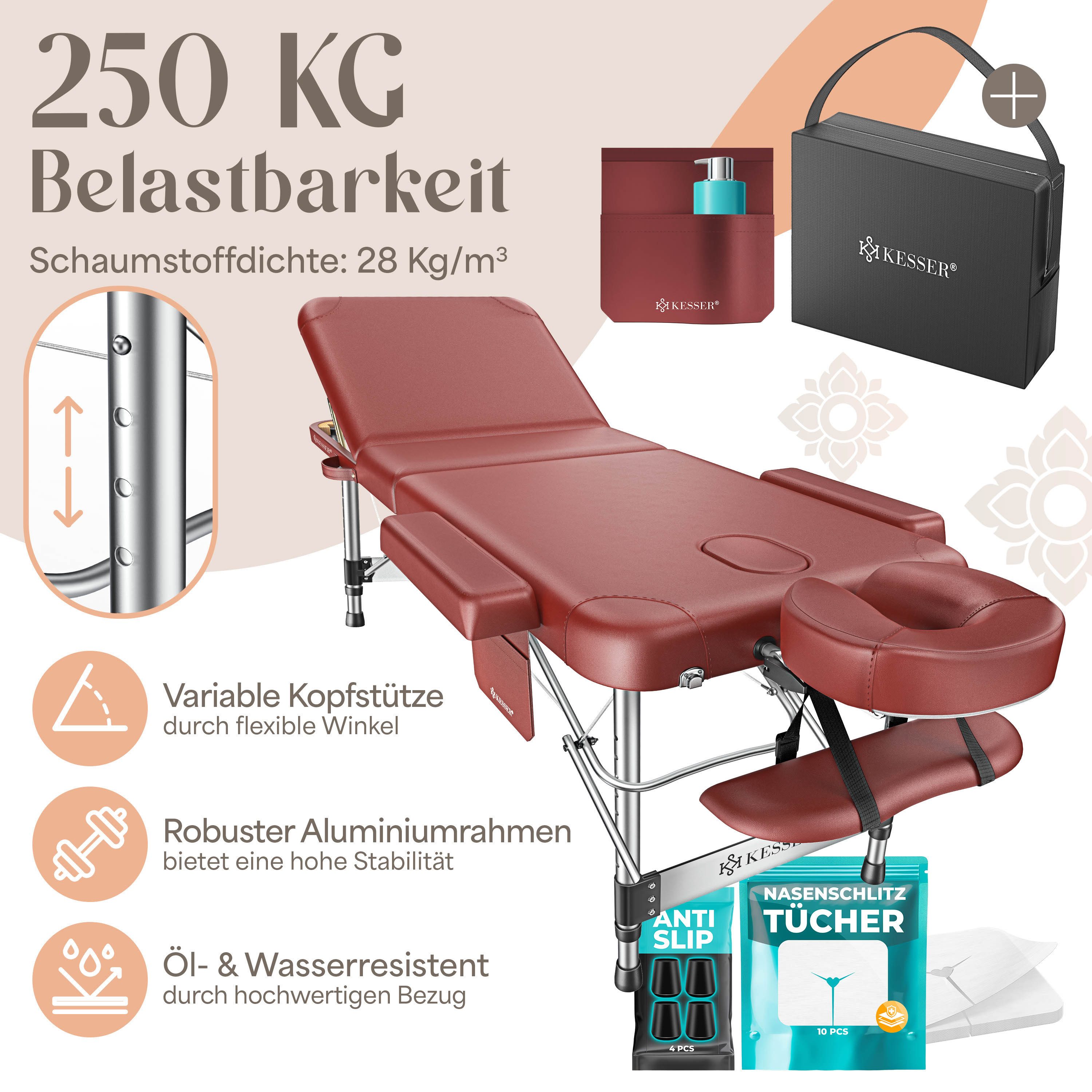 KESSER Massageliege, 3 Zonen Kosmetikliege klappbar & höhenverstellbar mobile Massagebett