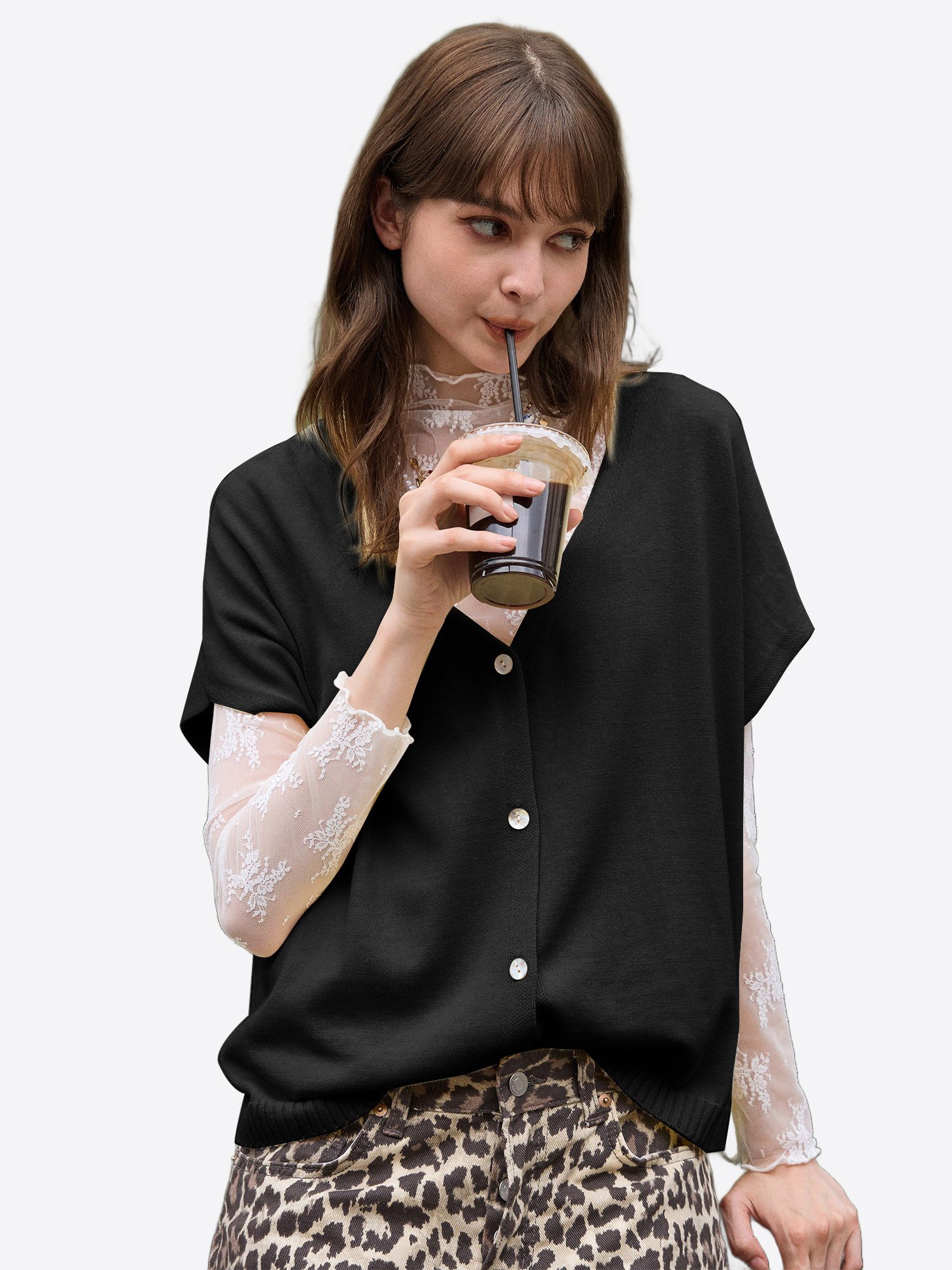 Imily Bela Cardigan Damen T-Shirt mit V-Ausschnitt Knopfleiste Loose Stricken (Packung, 1-tlg., 1per-Pack) Fledermausärmel gehäkelt in Unifarbe – Bild 4 von 5
