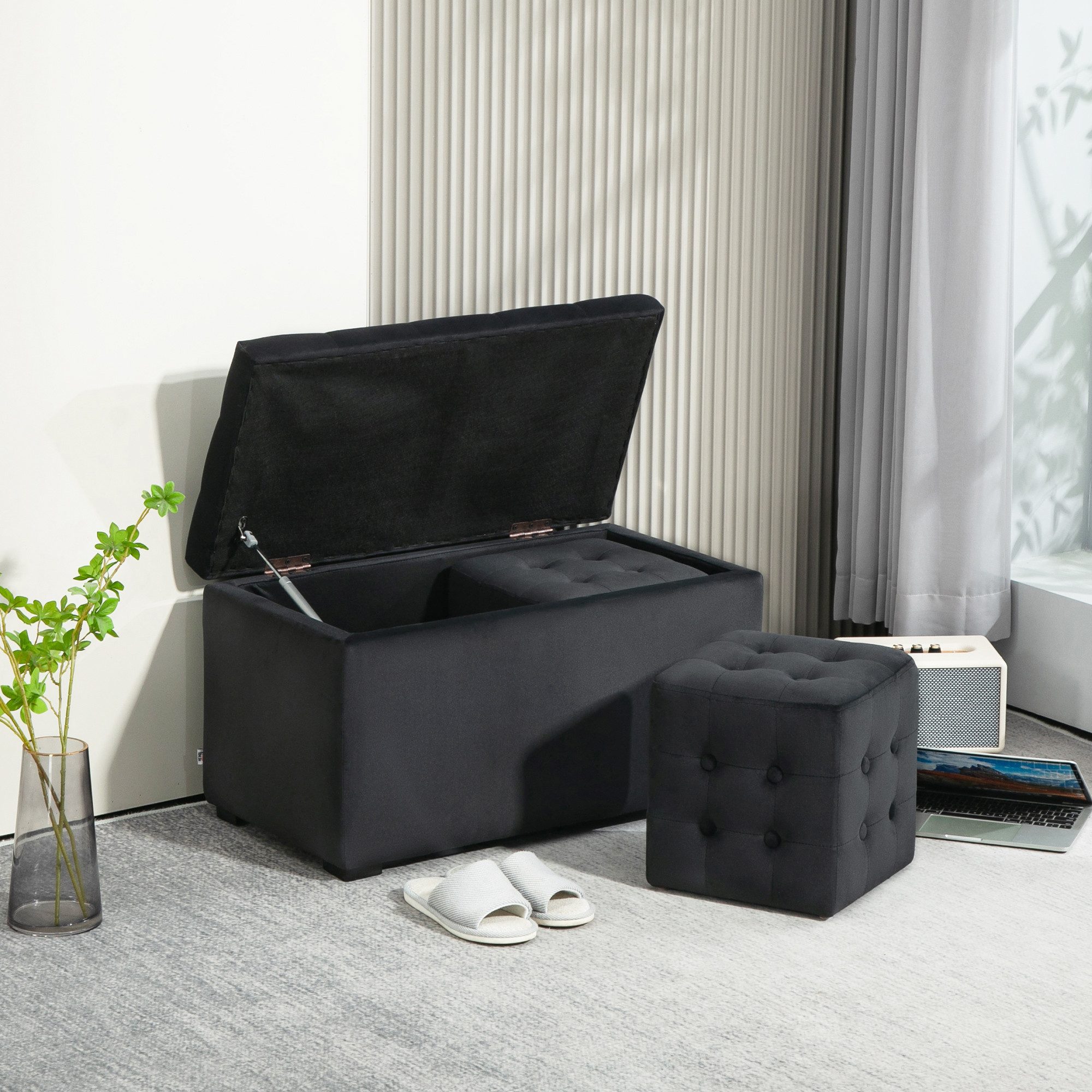 HOMCOM Sitzbank 3 tlg. mit Stauraum 2 x Sitzhocker Polster Aufbewahrungsbox Fußablage (Fußhocker, 3-St., Sitztruhe), faltbar belastbar bis 130 kg Mikrofaserstoff Hellgrau 75x40x42 cm