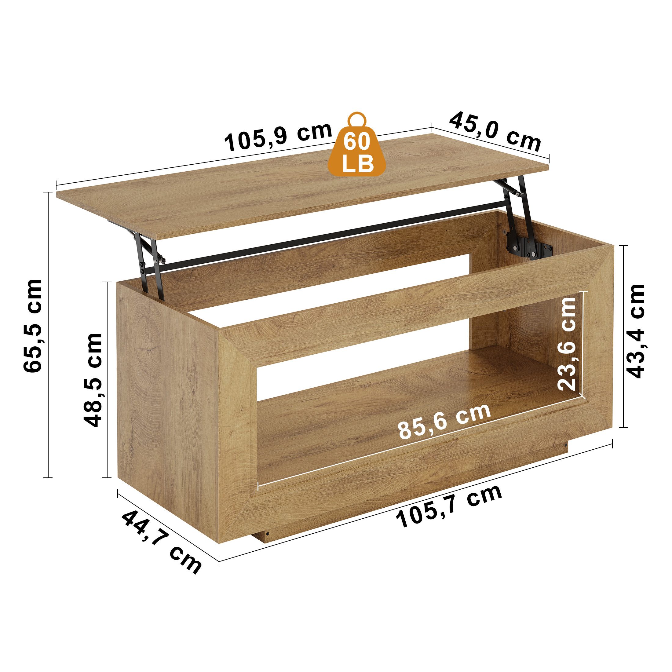 FABATO Couchtisch Multifunktionaler hebbarer Couchtisch mit Stauraum (1-St), aus Naturholz– ideal als Wohnzimmer-Mitteltisch