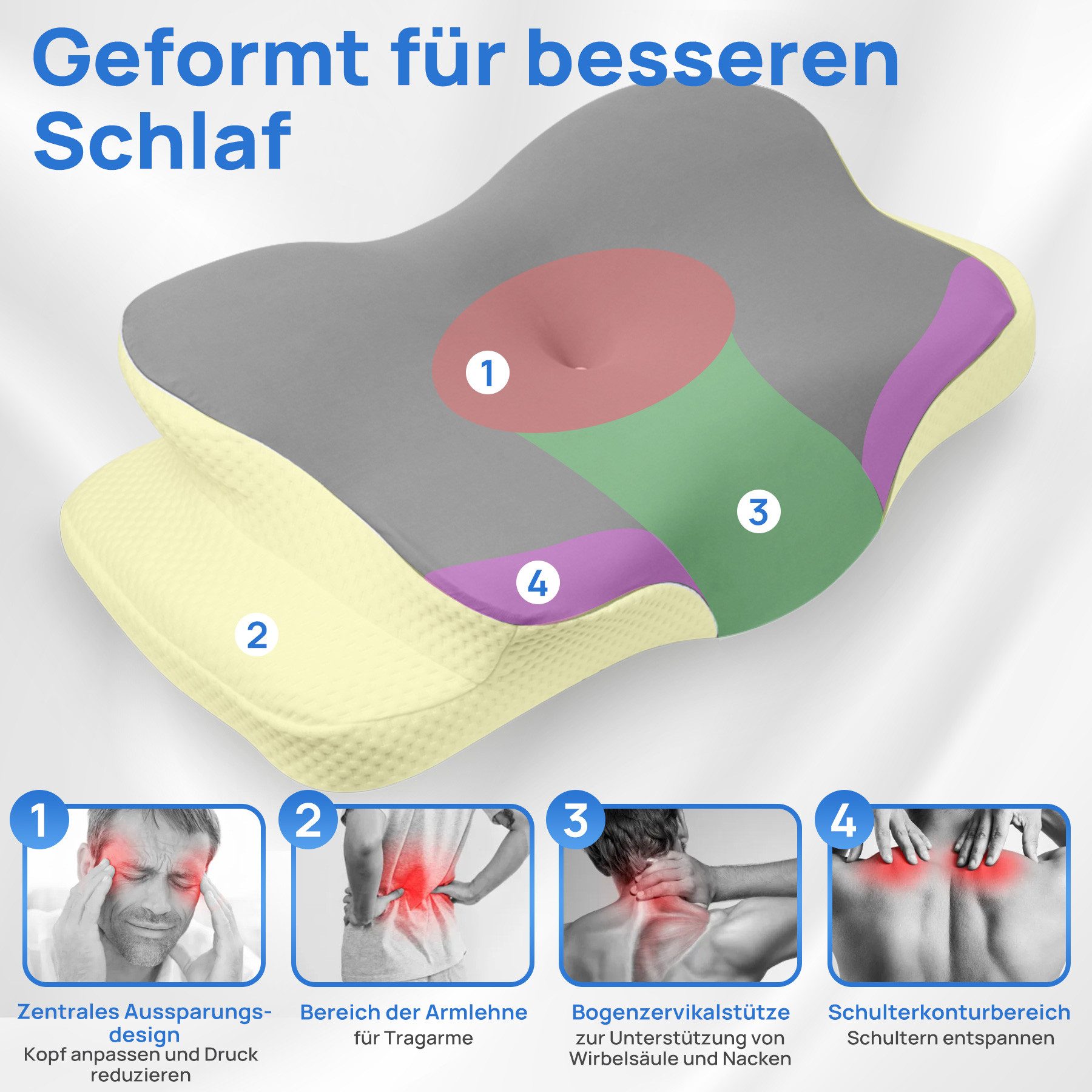 Simloveve Kopfkissen Nackenstützkissen,Nackenkissen,Seitenschläferkissen, Füllung: Memory Foam Kissen, Bezug: Abnehmbarer, atmungsaktiver Kissenbezug aus Eisseide, Kissen für Seiten Rücken & Bauchschläfer, stützendes Nackenkissen, ergonomisches Seitenschläferkissen