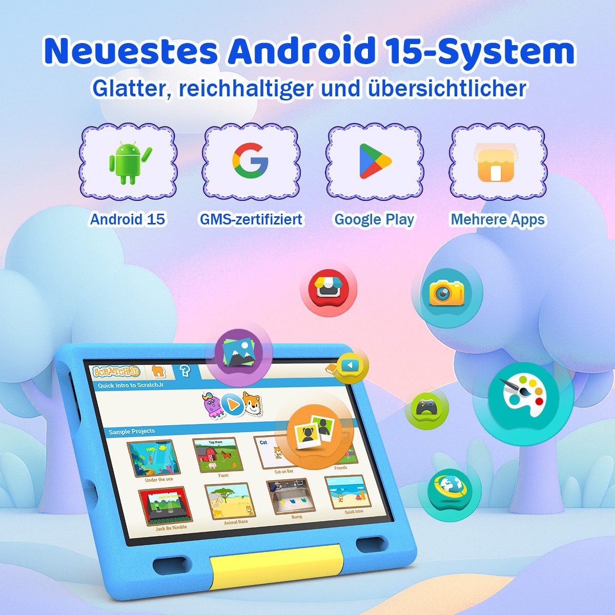 BUFO Kinder Lern-Tablet mit Elternkontrolle 10'' Android 16, 64GB Tablet (10", 128 GB, Android 15, Kids Bumper blau)