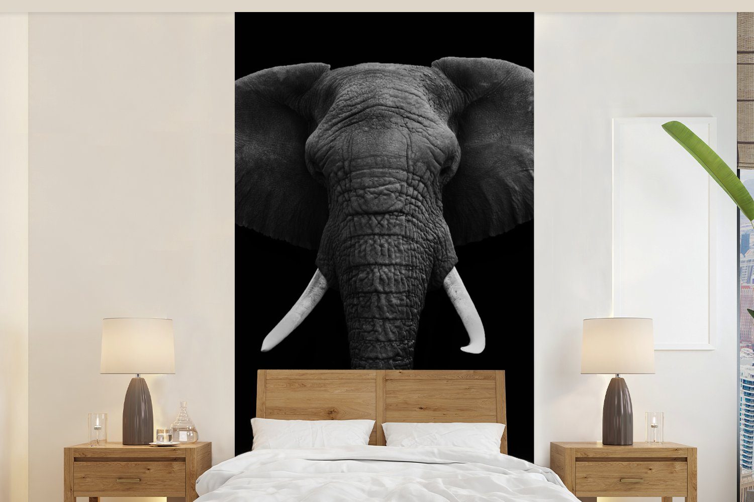 MuchoWow Fototapete Elefant - Wildtiere - Schwarz - Weiß - Porträt, Matt, bedruckt, (2 St), Vliestapete für Wohnzimmer Schlafzimmer Küche, Fototapete