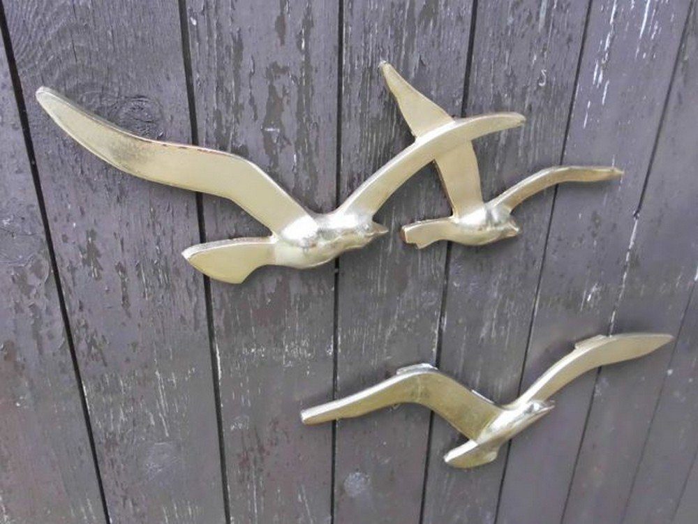 Deko-Impression Wanddekoobjekt Maritimes Wandobjekt Wanddeko 3 Möwen Aluminium massiv goldfarben (2 St)