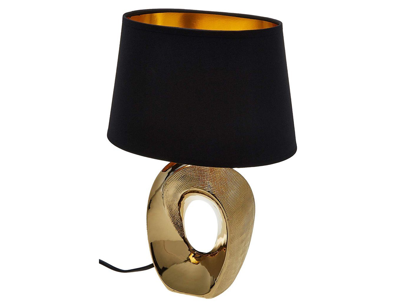 Reality Leuchten LED Tischleuchte, LED wechselbar, Warmweiß, ausgefallen-e Design-er Lampe mit Stoff Lampenschirm Schwarz Gold 33cm