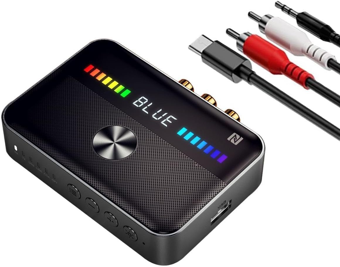 Tekoo 2-in-1 Bluetooth 5.3 Audio Adapter Sender & Empfänger für TV & HiFi Bluetooth-Adapter 3,5 mm Klinkenstecker, Cinchstecker (RCA), USB Typ C Stecker, USB Typ A Stecker zu 3,5 mm Klinkenbuchse, Cinchbuchse (RCA), Toslink Buchse (Optisch), Koaxial Buchse, USB Typ A, USB Typ C, Bluetooth 5.3, Sender & Empfänger, NFC-Pairing, LED-Display, 1000mAh