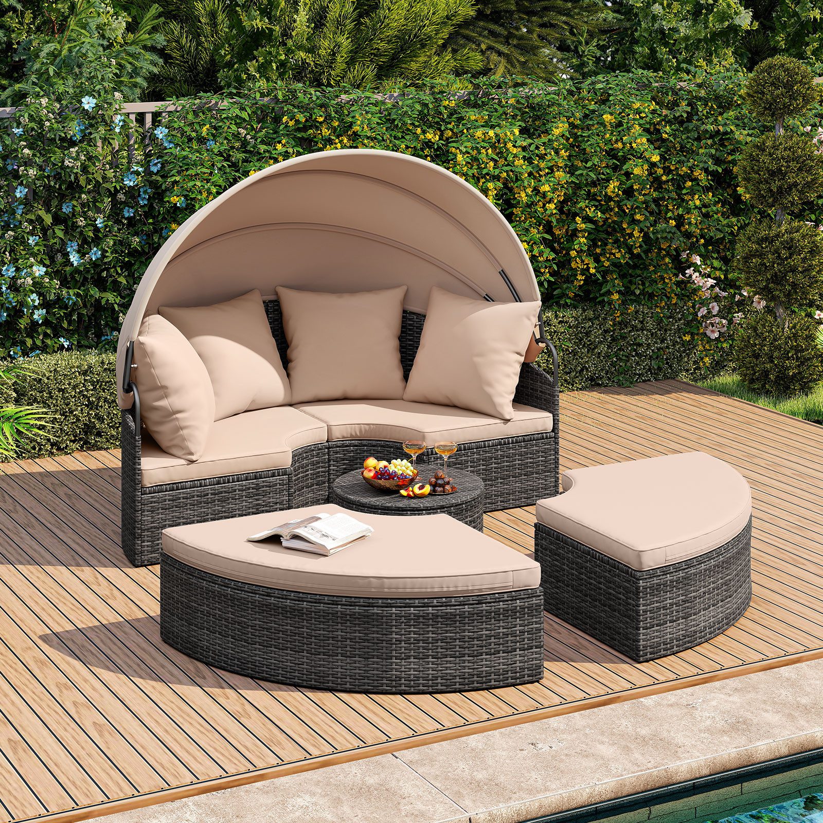 COSTWAY Sonneninsel, Sonnenliege Rattan mit 4 Kissen, einziehbarem Vordach