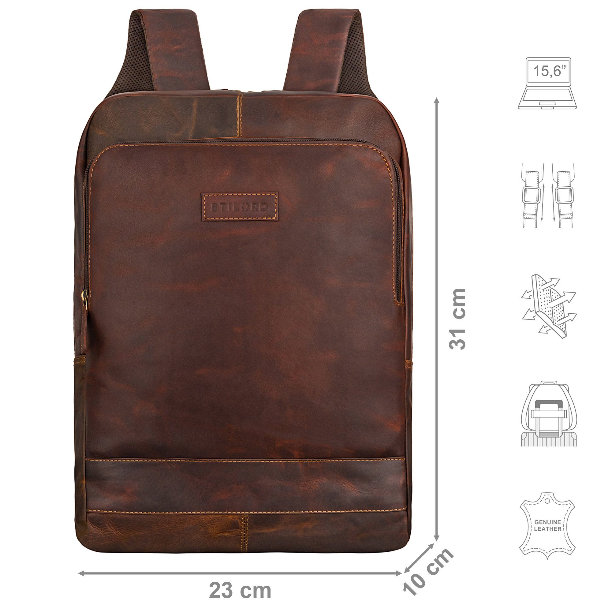 - Vintage Rucksack vielen Leder "Wilbert" dunkelbraun cognac Notebook-Rucksack Fächern STILORD mit