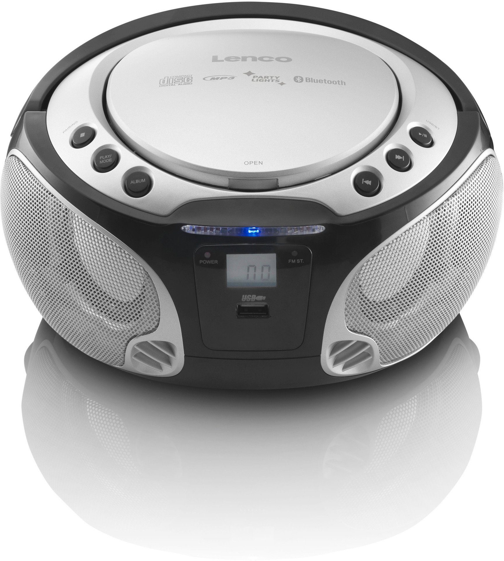 Lenco SCD-550SI CD-Radio m. Boombox MP3, silberfarben Lichteffekt (FM-Tuner) BT, USB