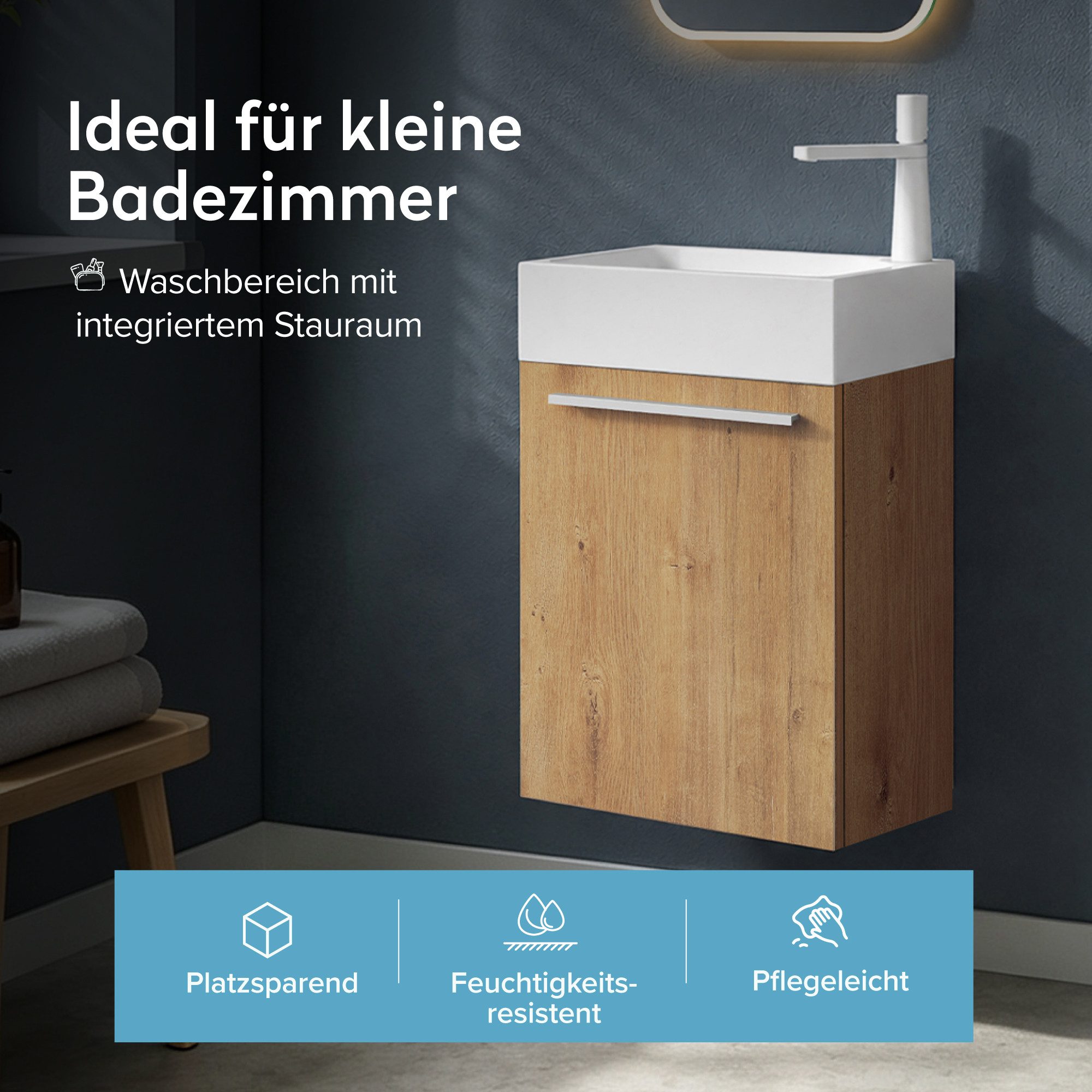doporro Badezimmer-Set Waschtisch mit Unterschrank Gäste-WC E1-Platte Holzbeschichtung PISA, 46cm Breite, wasserdicht – Bild 2 von 5
