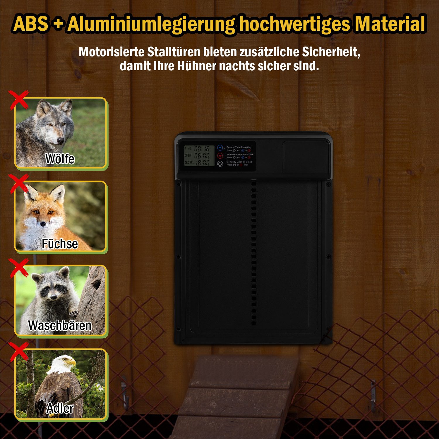 Clanmacy Hühnerstall Aluminum Automatische Hühnerklappe mit Wasserdicht, Timer, IPX4, Timer-Steuerung, Einklemmschutz