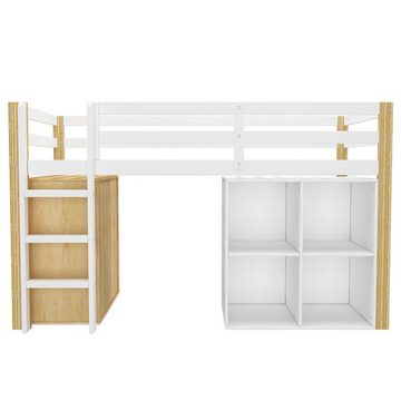 SOFTWEARY Hochbett mit Lattenrost und Kommode (90x200 cm) Kinderbett inkl. Rausfallschutz, Einzelbett, Kiefer