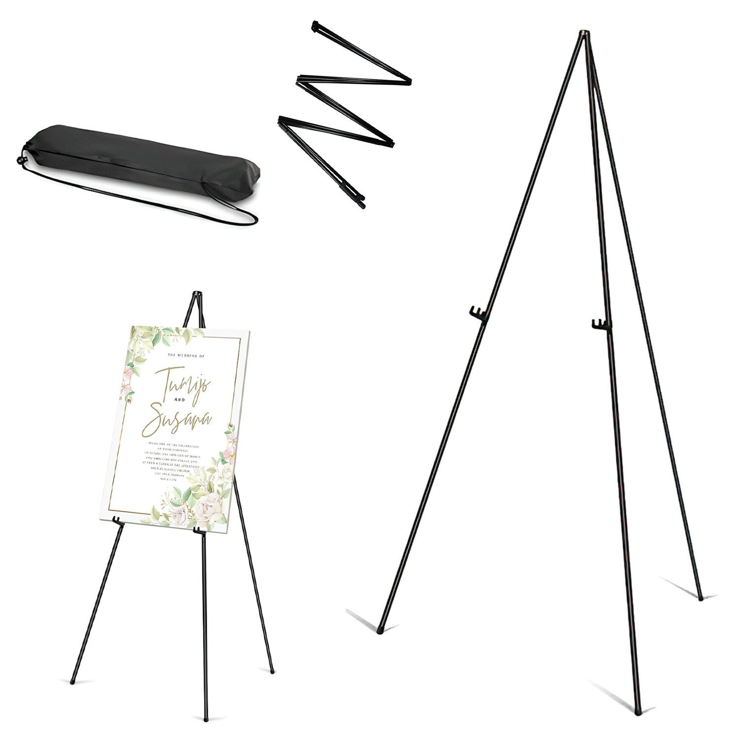 HEYHIPPO Staffelei Faltbare, tragbare Staffelei aus Metall für Hochzeiten, Schwarz, 63 Zoll Stativ Studio Staffelei Poster Stand Tragbare Canvas Tasche