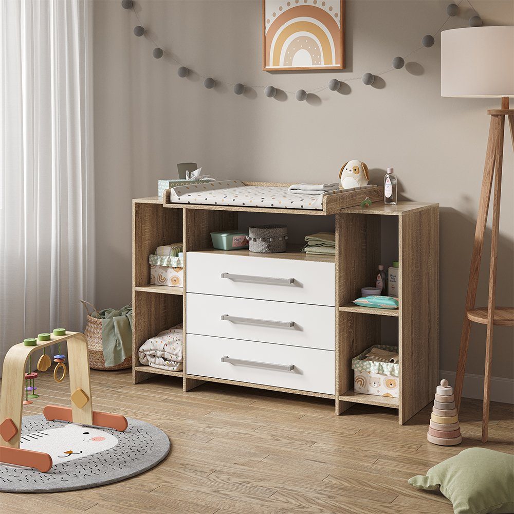 Vicco Wickelkommode Oskar, Weiß/Sonoma, 143 x 100 cm XL mit Schubladen
