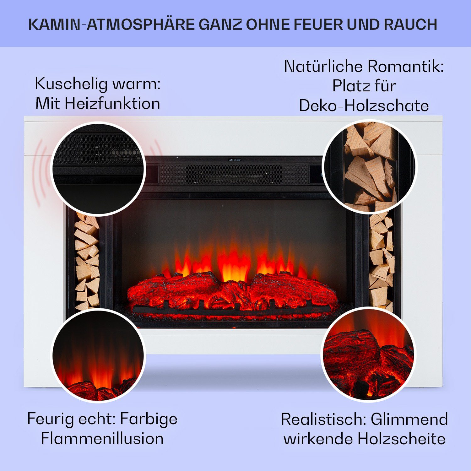 Klarstein Elektrokamin Timer 2 Elektrokamin, mit elektrischer Weiß LED-Beleuchtung, Loft Studio Heizung Kaminofen Weiss