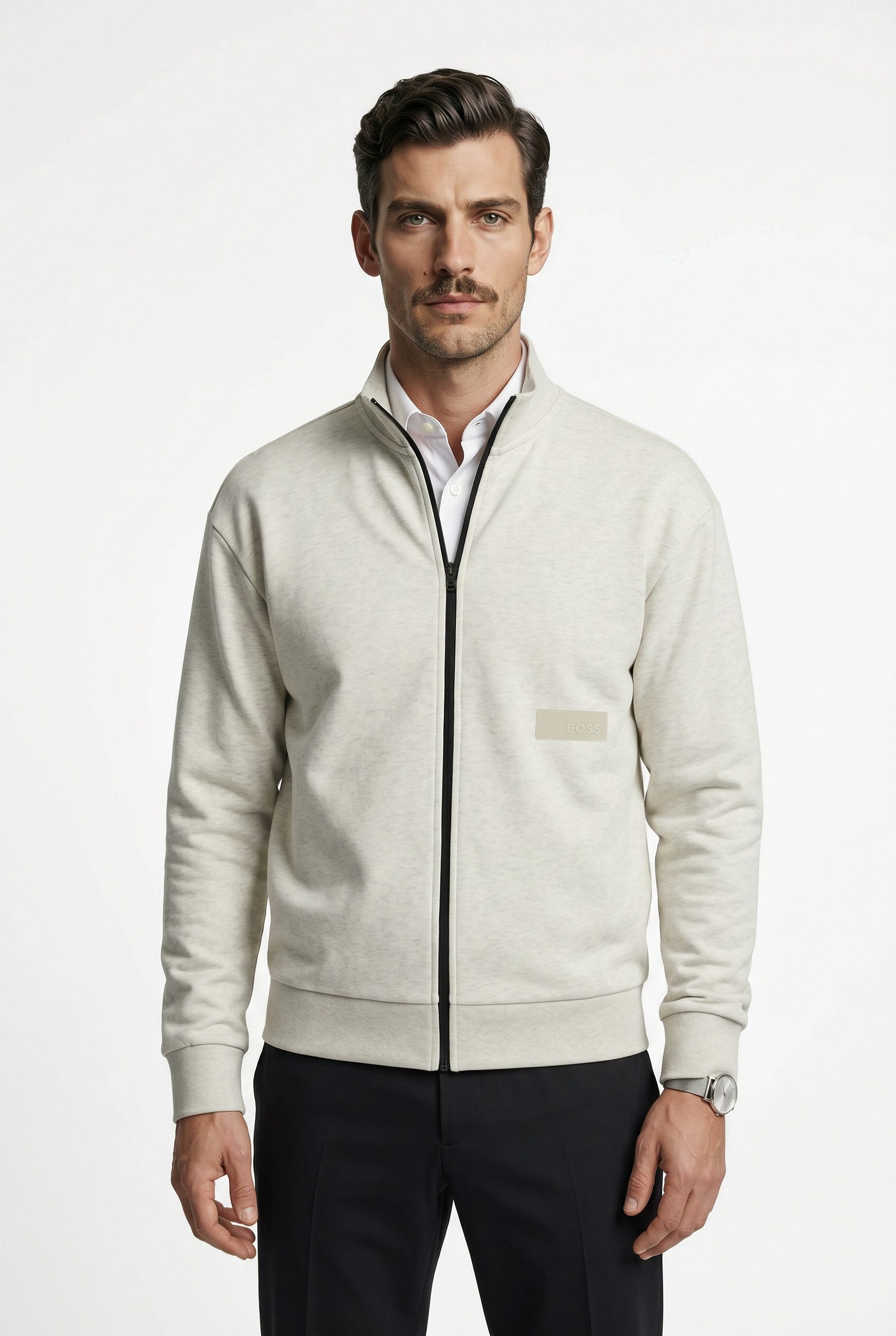 BOSS GREEN Sweatjacke Stehkragen, Relaxed Fit, Rippbündchen