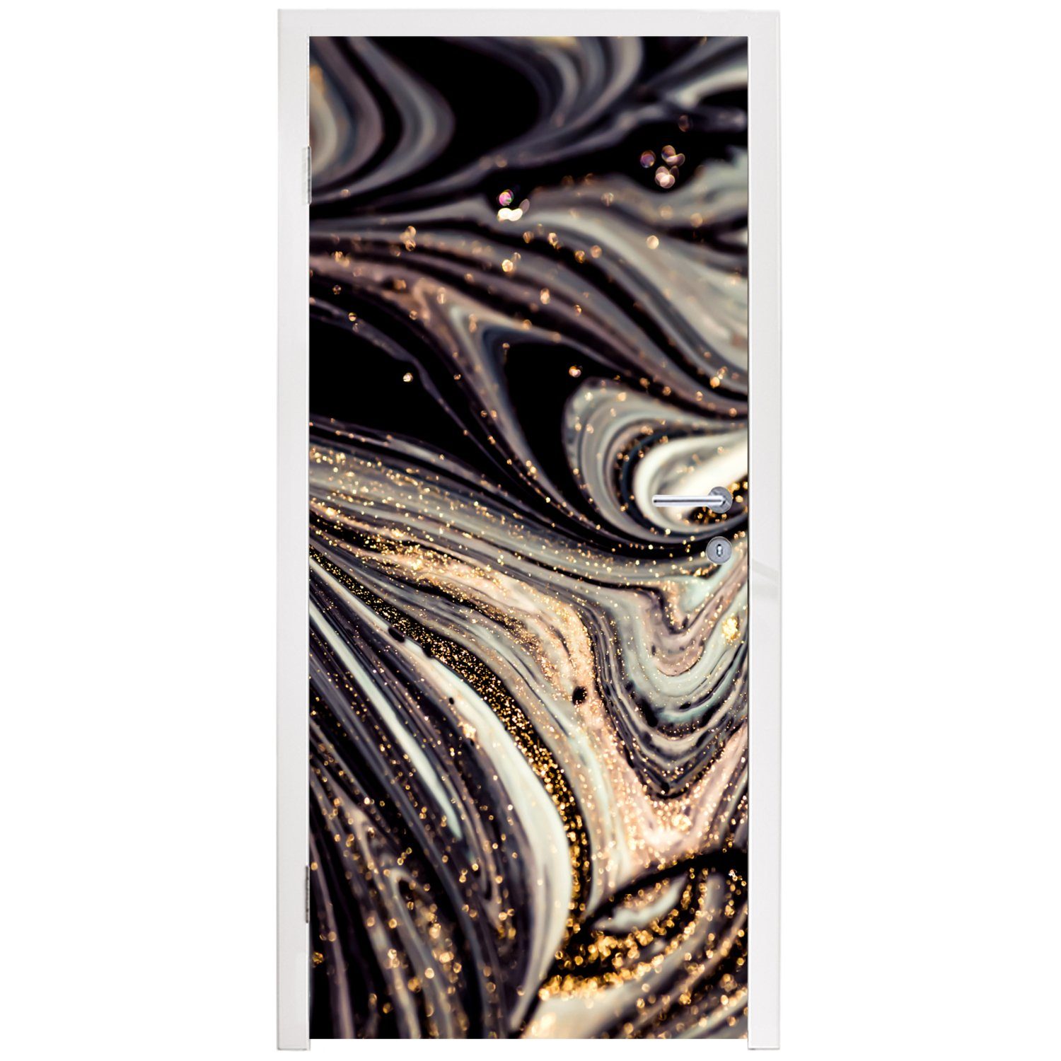 - Fototapete MuchoWow Matt, - Marmor, cm - für Glitter Marmoroptik Türaufkleber, Schwarz Türtapete (1 Gold Tür, St), - Weiß bedruckt, 75x205 -