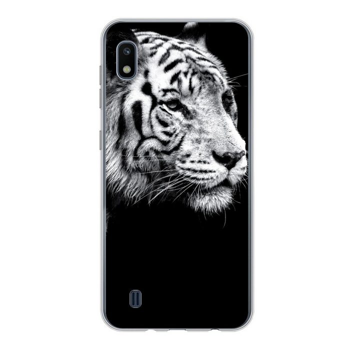 MuchoWow Handyhülle Tierprofil Tiger in schwarz und weiß Handyhülle Samsung Galaxy A10 Smartphone-Bumper Print Handy