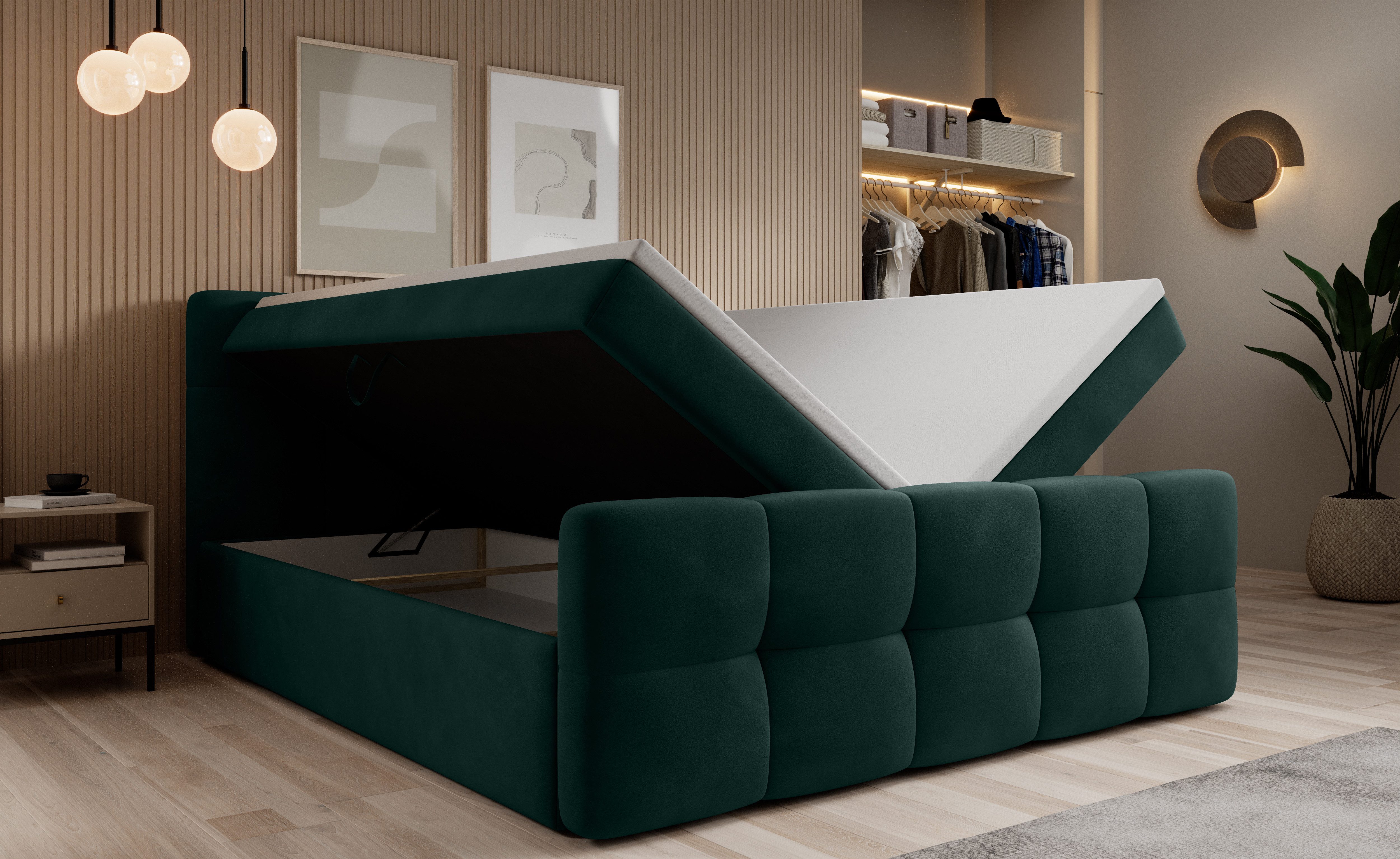 thematys Boxspringbett mit Bettkasten 140x200–200x200 cm – Velours oder Bouclé Bezug – (Polsterbett Bonnellfederkern Matratze H3 + Gratis 3cm Topper, Boxbett - Luxus Doppelbett mit Stauraum)