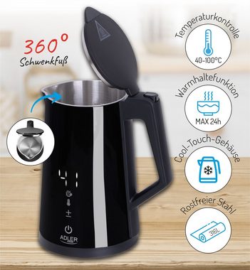 JUNG Wasserkocher ADLER AD1345S Wasserkocher mit Temperatureinstellung Digital Kettle, 1,7 l, 2200,00 W, LED Touch Display Digital, 2200W, Edelstahl Kocher Cool Touch Kettle