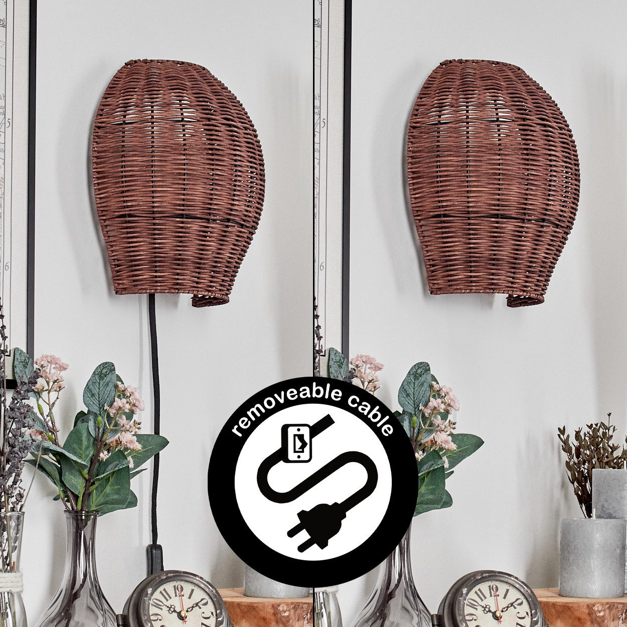 hofstein Wandleuchte Wandlampe aus Metall/Rattan in Schwarz/Dunkelbraun, oh günstig online kaufen