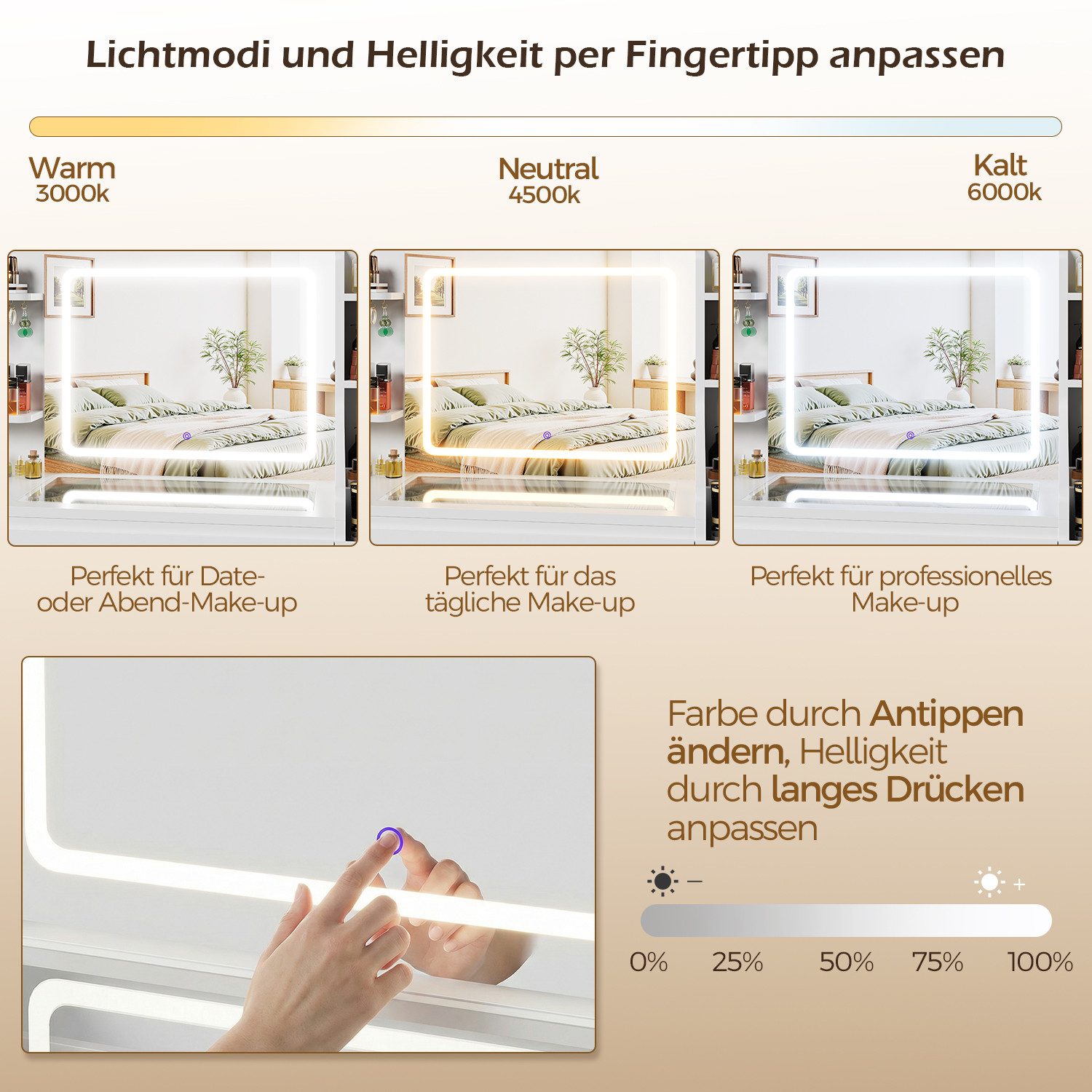HOMALL Schminktisch Dreifarbiger, LED-beleuchteter Schminktisch Extra großer Stauraum (Maße: 135 × 40 × 137 cm, Arbeitsplatte aus gehärtetem Glas, mit 7 offenen – Bild 5 von 5