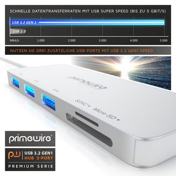 Primewire USB-Adapter USB-C zu USB 3.0 Typ A, microSD, SD, 15 cm, 3-Port USB 3.2 Gen1 Hub inkl. Kartenlesegerät microSD/SD Karten Slot