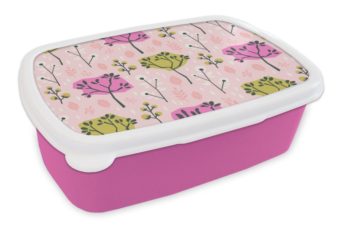 MuchoWow Lunchbox Rosa - Bäume - Blätter - Design, Kunststoff, (2-tlg), Brotbox für Erwachsene, Brotdose Kinder, Snackbox, Mädchen, Kunststoff