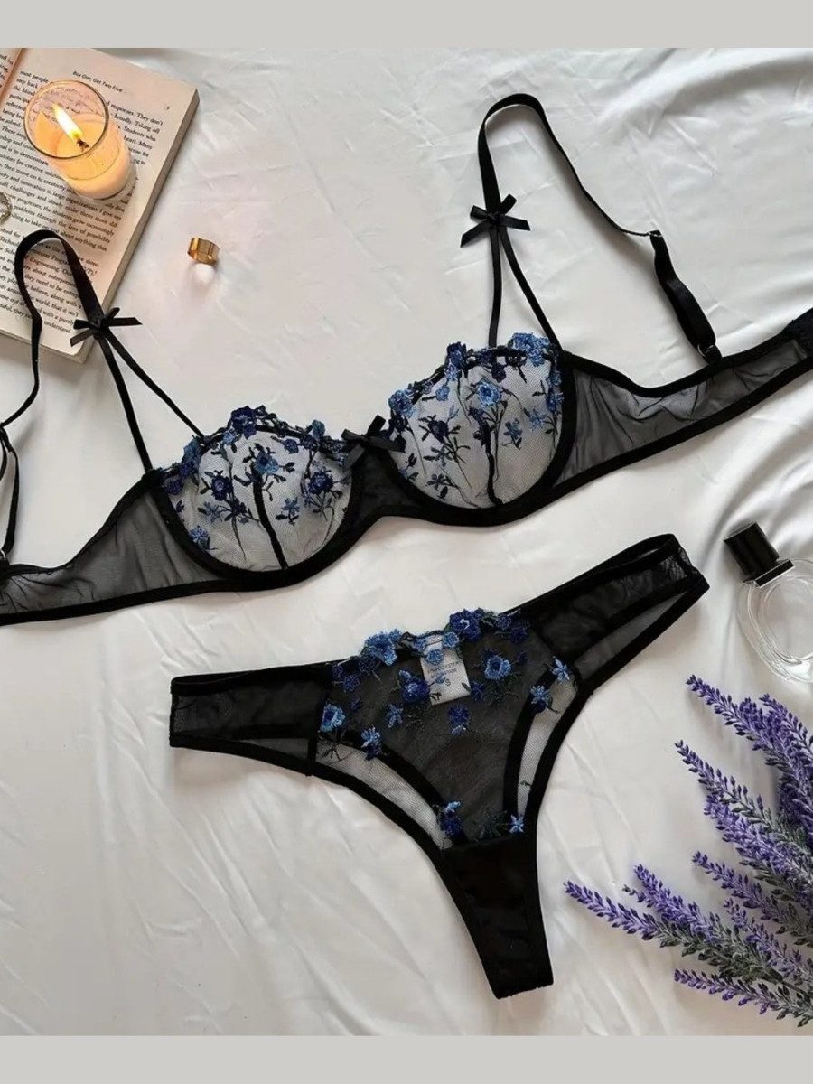 Set: Push-up-BH Sexy Dessous-Set, Bestickter BH+Tanga, Reizwäsche