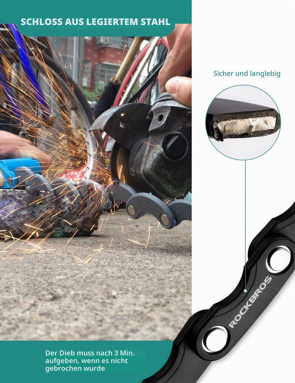 ROCKBROS Faltschloss 70cm Fahrrad-Faltschloss mit Schlüssel, Halterung, Schwarz