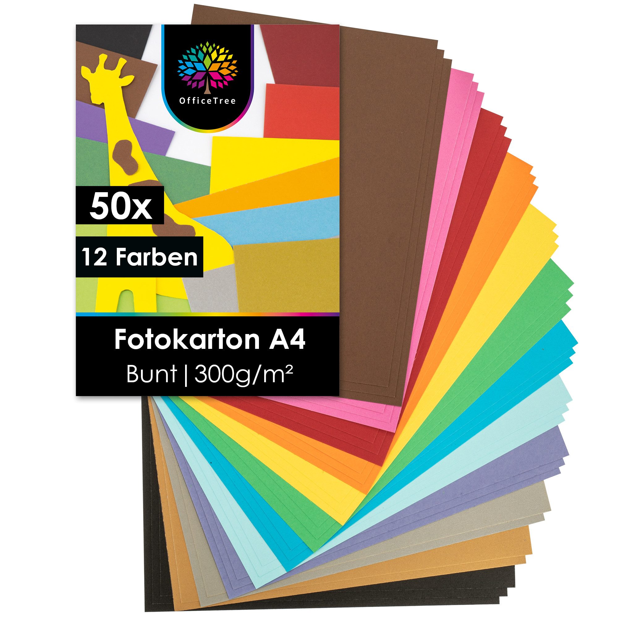 OfficeTree Transparentpapier OfficeTree 50x Tonkarton Bunt A4 300g/m² - 12 Farben - Bastelpapier