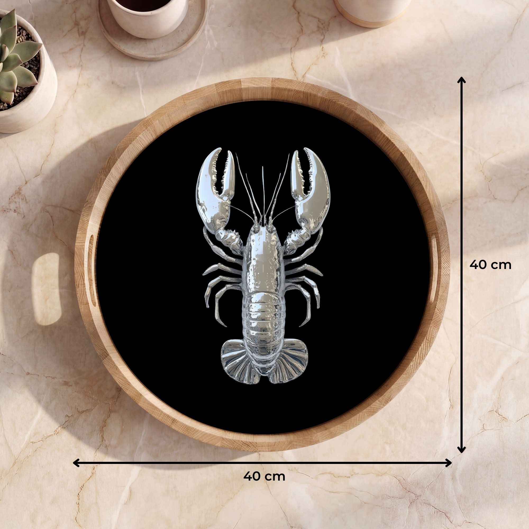 OnlyWow Tablett Rund mit Henkel Hummer - Silber - Metallisch - Luxus, Eichenholz, (1-tlg), Siervierplatte, Tray, Frühstücksbrett