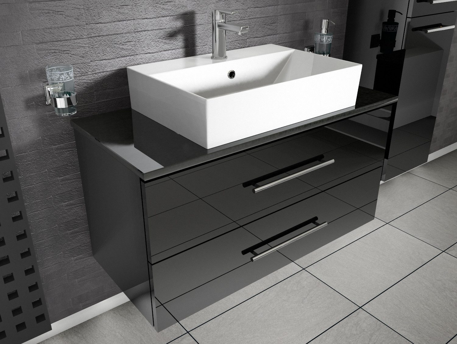 Aqua Bagno Badmöbel-Set Badmöbel-Set 80 cm in Weiß Hochglanz mit Eicheplatte & Rundbecken, (3-St., Badmöbelschrank mit Trägerplatte, Waschbecken), einfache Montage
