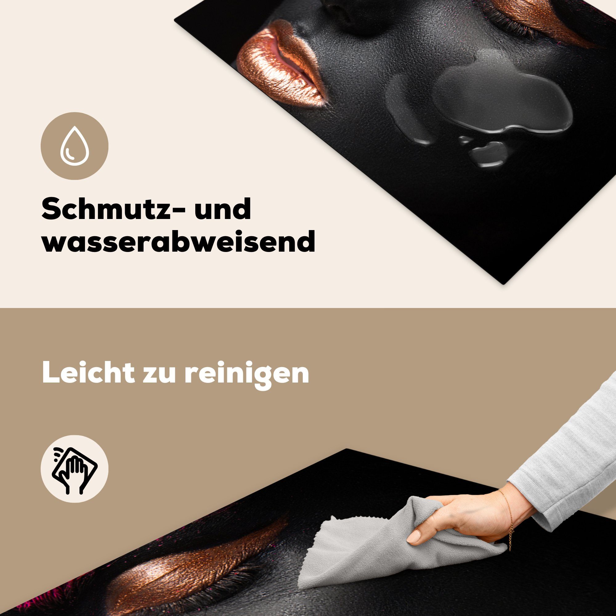 für (1 die Ceranfeldabdeckung MuchoWow küche, Herdblende-/Abdeckplatte Schwarz Gold, - Schutz - Vinyl, 81x52 tlg), Induktionskochfeld Frau cm,