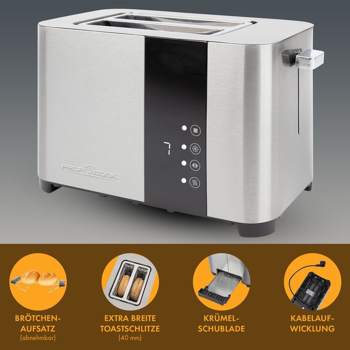 1250, ProfiCook Edelstahl Toaster PC-TA Scheiben, Touch-Bedienung, Toaster Senor mit 2