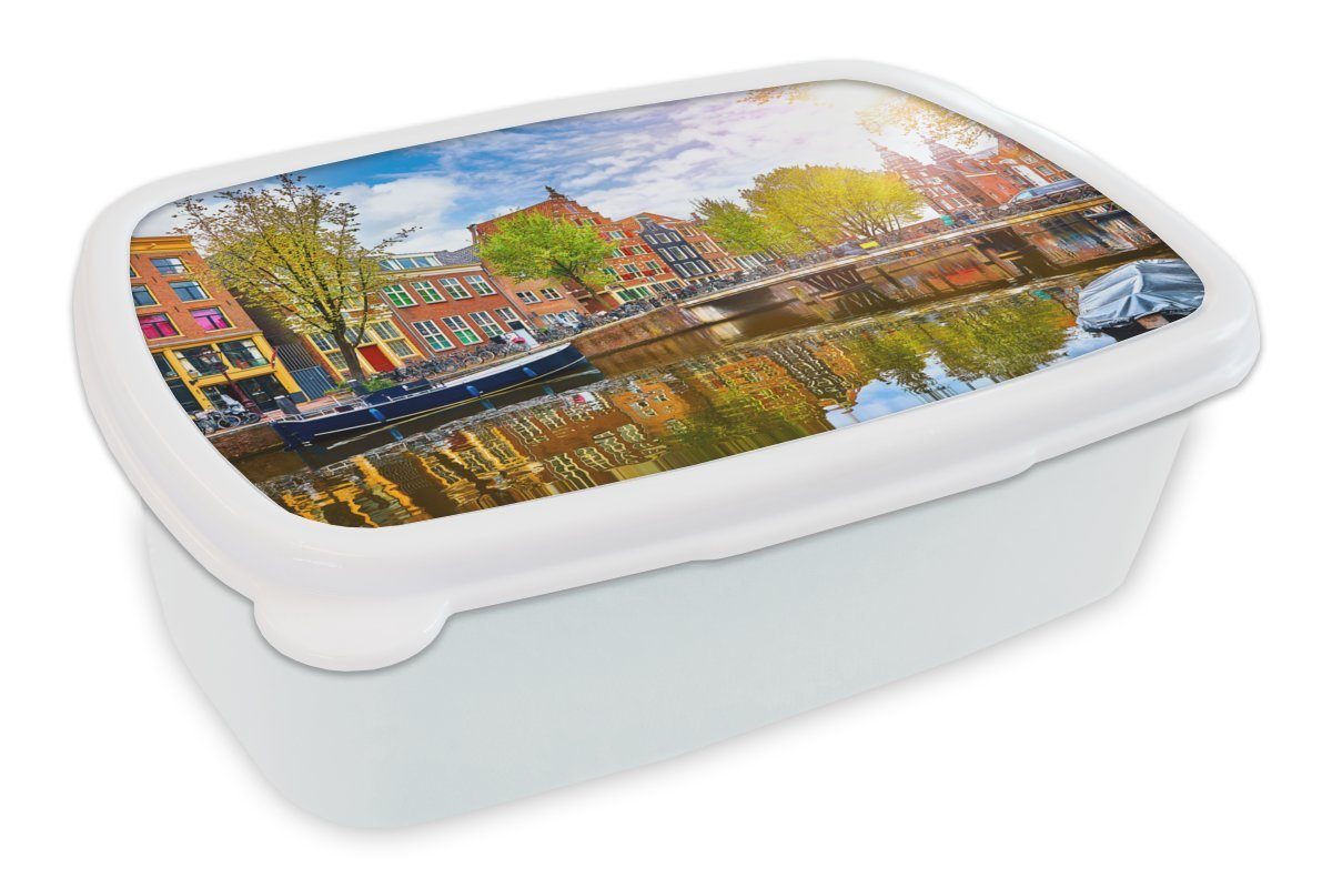 MuchoWow Lunchbox Kanal - Amsterdam - Frühling, Kunststoff, (2-tlg), Brotbox für Kinder und Erwachsene, Brotdose, für Jungs und Mädchen weiß