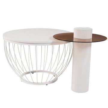 REDOM Couchtisch Elegantes 2er Set Couchtische (Vogelnest-Design, MDF & Holzoptik PVC, 2-St), Weiß Stahl, Glas & PVC