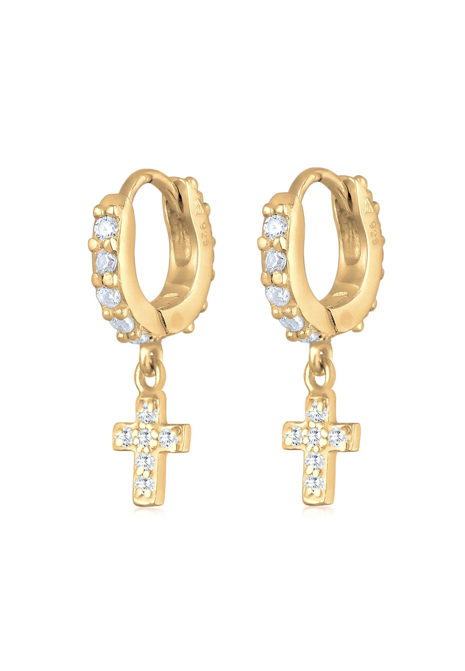 Elli Paar Creolen Huggie Hoops Creolen Kreuz Zirkonia 925 Silber, Kreuz