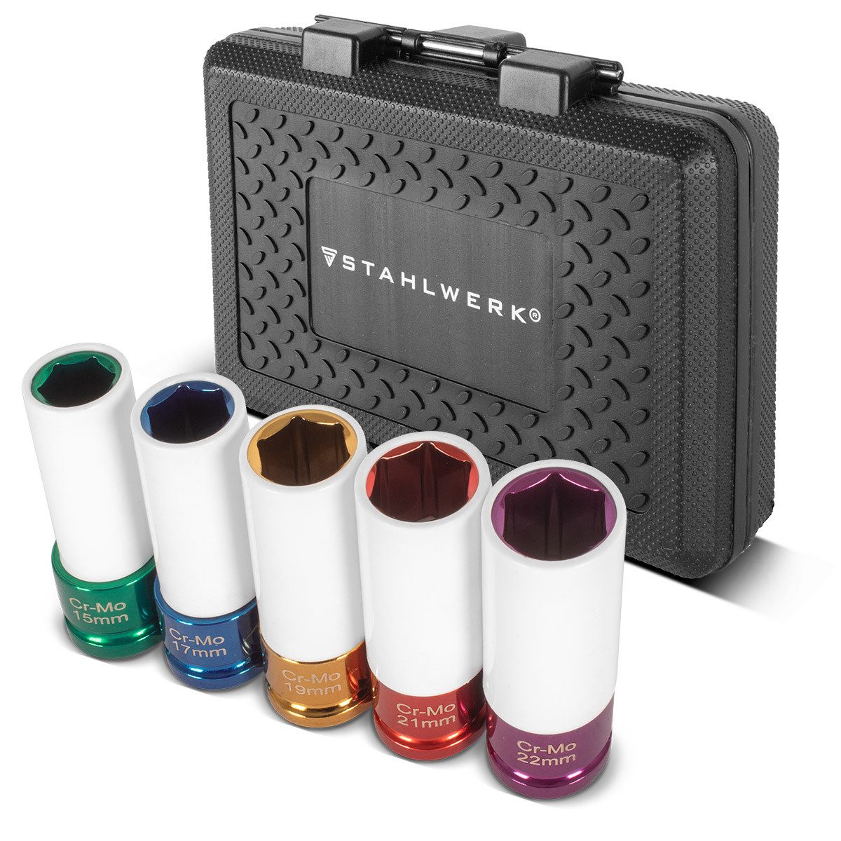 STAHLWERK Bit-Set 5 Schlagschraubnüsse 1/2" Schoneinsätze Alufelgen 15 17 19 21 22 mm, Set, 5-St.
