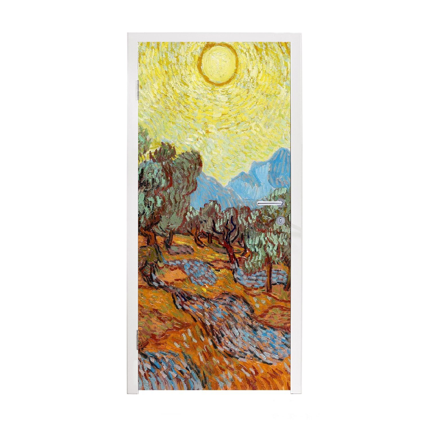 MuchoWow Türtapete Olivenbäume Türaufkleber, Fototapete van Himmel - Vincent 75x205 Matt, St), für gelbem mit (1 Tür, Gogh, cm Sonne und bedruckt