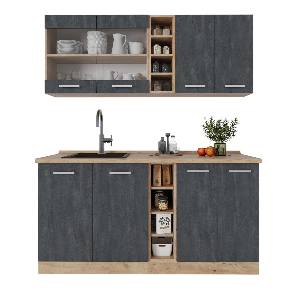 Vicco Küchenzeile R-Line, Schwarz Beton/Goldkraft Eiche, 160 cm ohne Arbeitsplatte