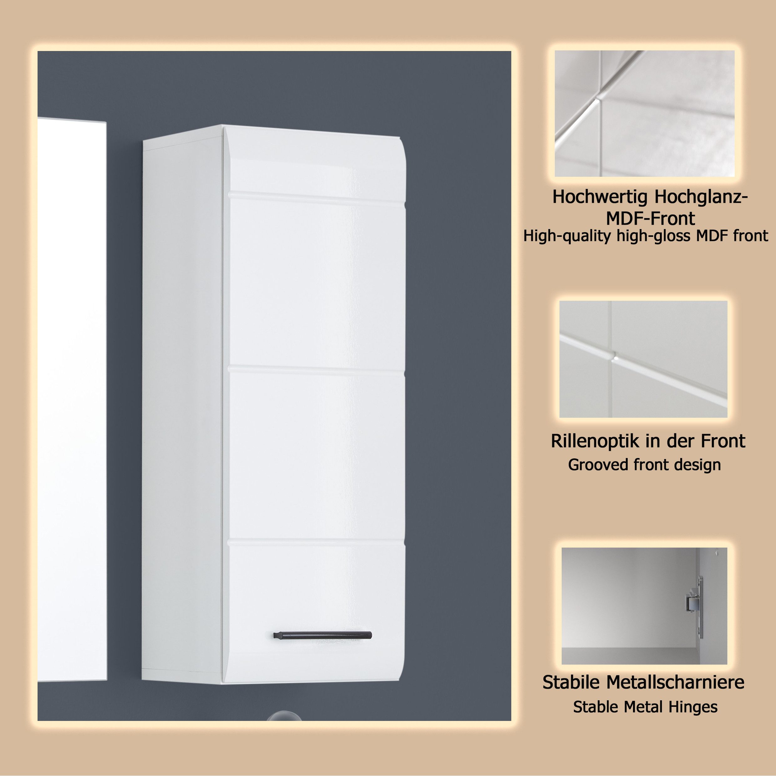 welltime Hängeschrank Sovana Badezimmerschrank mit 2 Fächern in Weiß - (B/T/H) 30/24/77 cm