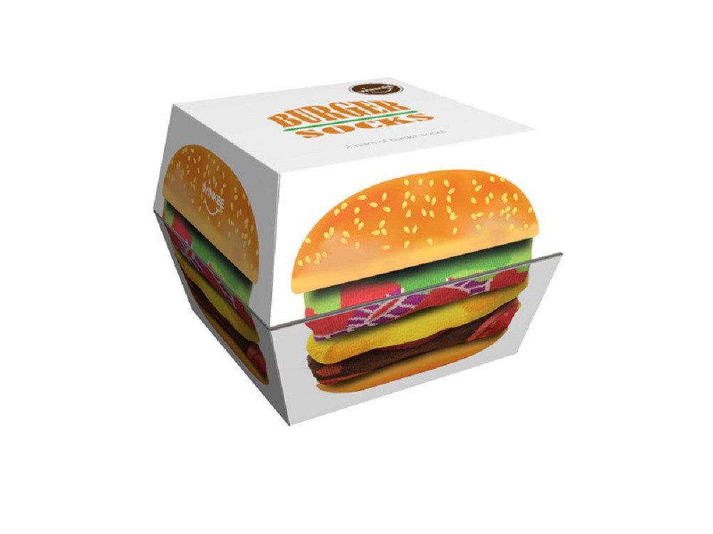 Winkee Freizeitsocken Burger Socks 2-Set Hamburger Socken (Box, 2-Paar, Größen: 36-40 & 41-45) Cheeseburger Motiv Freizeit Strümpfe