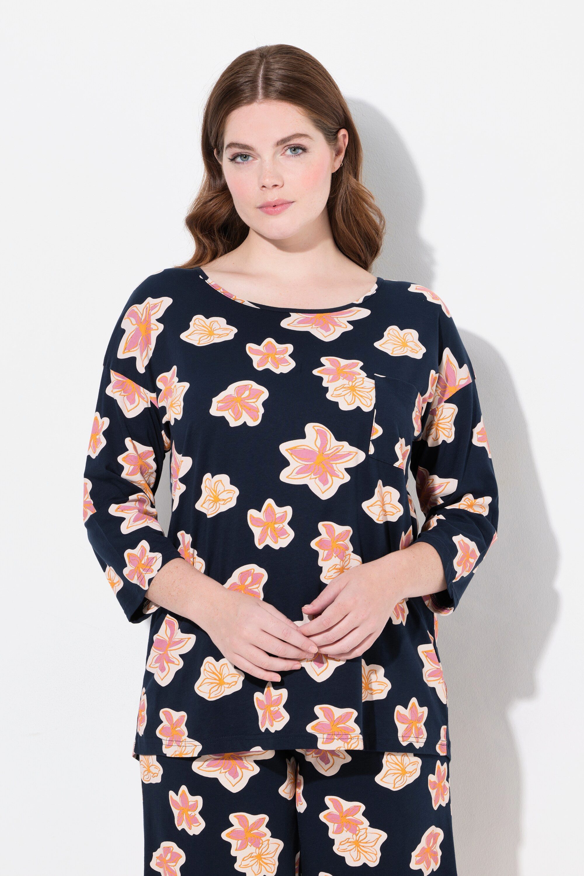 Ulla Popken Pyjama Pyjamashirt Oversized Rundhals 3/4-Arm günstig online kaufen