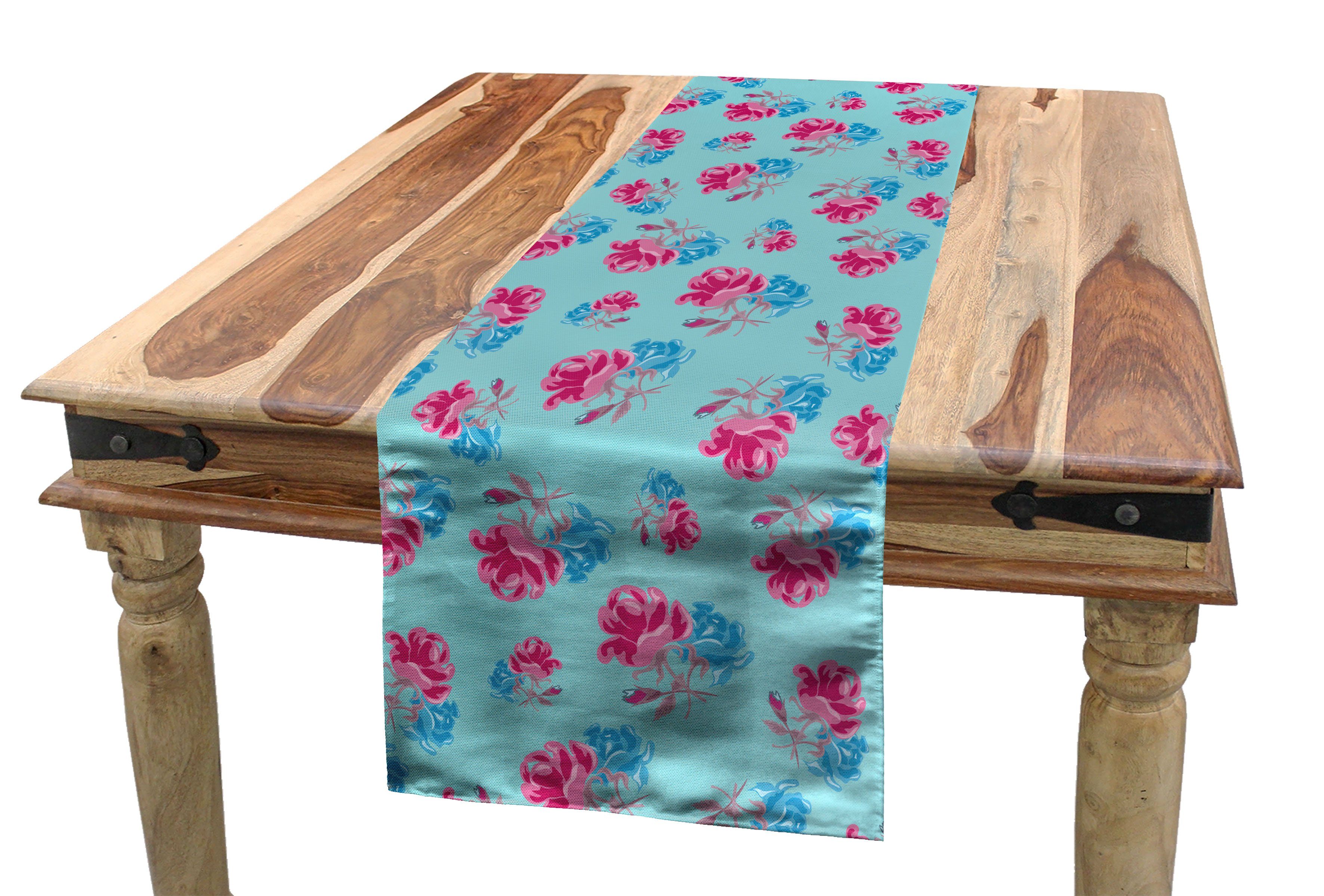 Abakuhaus Tischläufer Esszimmer Küche Pink Rechteckiger Bicolor Dekorativer Tischläufer, Blau Und Sommer-Rosen