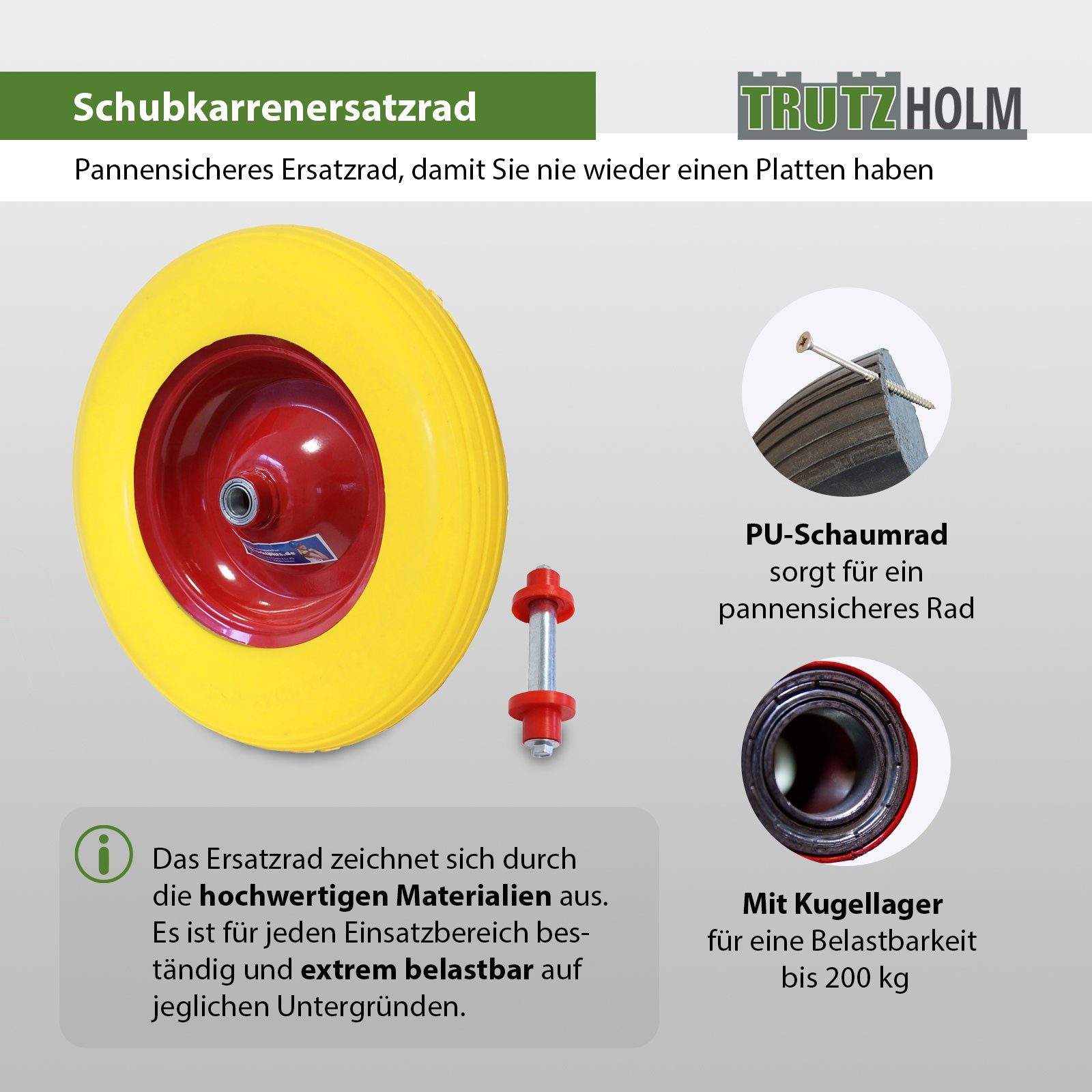 TRUTZHOLM Schubkarren-Rad Vollgummi 4.00-8 / 4.80 mit Achse 200 Kg Ersatzrad Schubkarre PU (Einzeln, 1 St), pannensicher