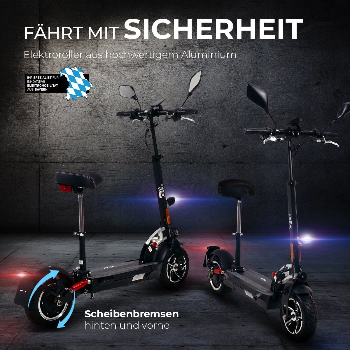 Scooter - 45 40,00 bis km (1 Elektro Six eFlux tlg), Sitz 1000,00 Roller - Straßenzulassung km/h, Lithium-Ionen W, Reichweite E-Scooter klappbar, zu Lite mit - Akku