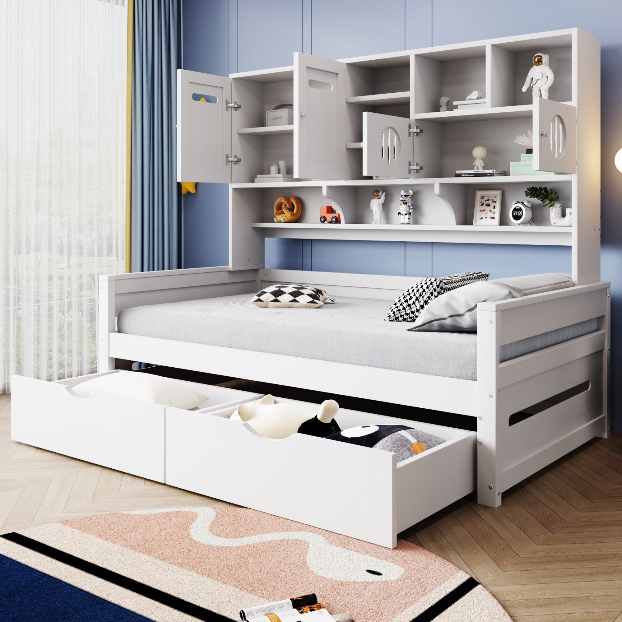 Flieks Massivholzbett, Einzelbett Kinderbett 90x200cm mit Staufächer und 2 Schubladen