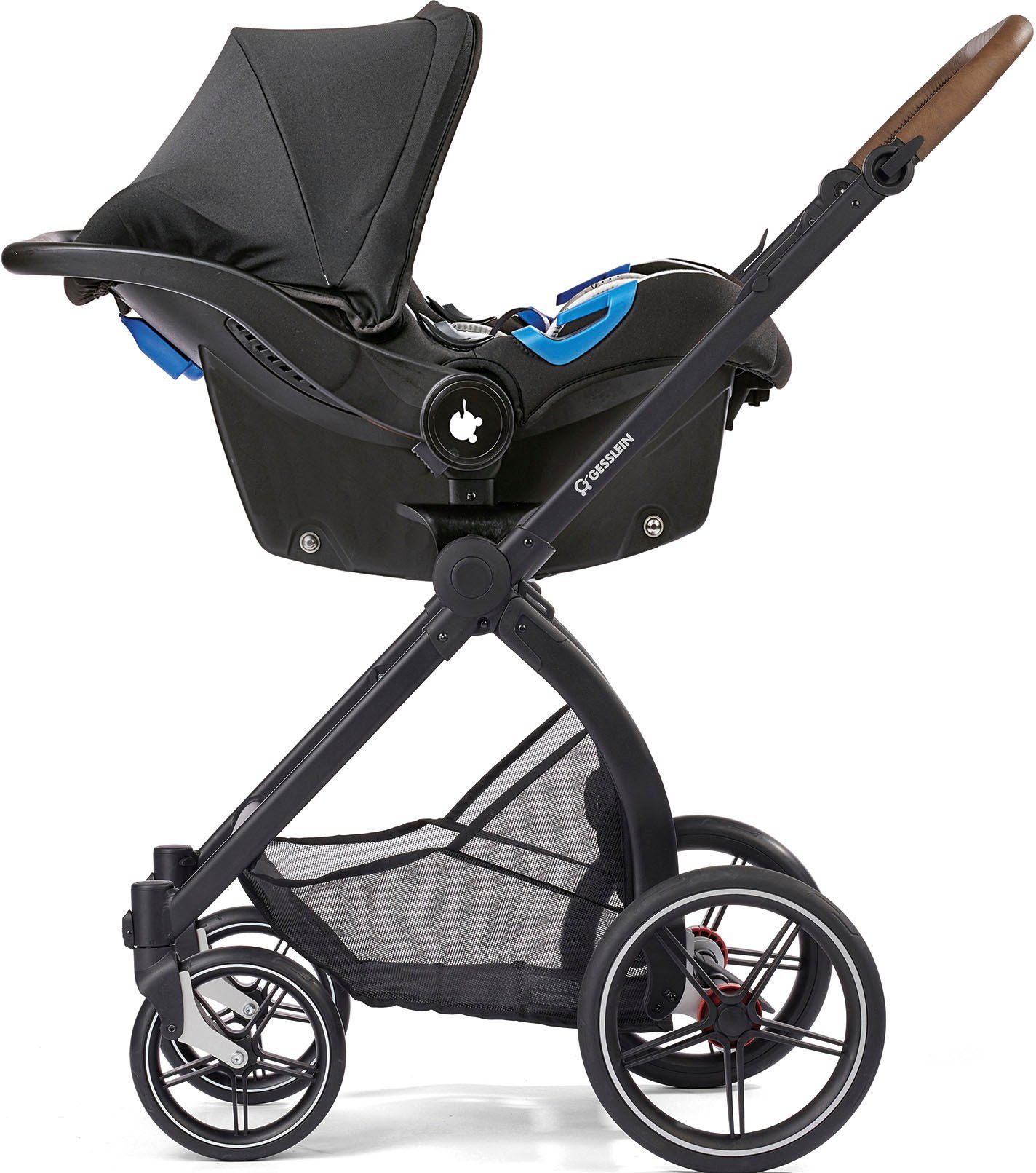 Kombi-Kinderwagen Soft+ Cx3 Babyschalenadapter FX4 mit schwarz/cognac, Aufsatz mittelblau, Gesslein Classic, mit und Babywanne